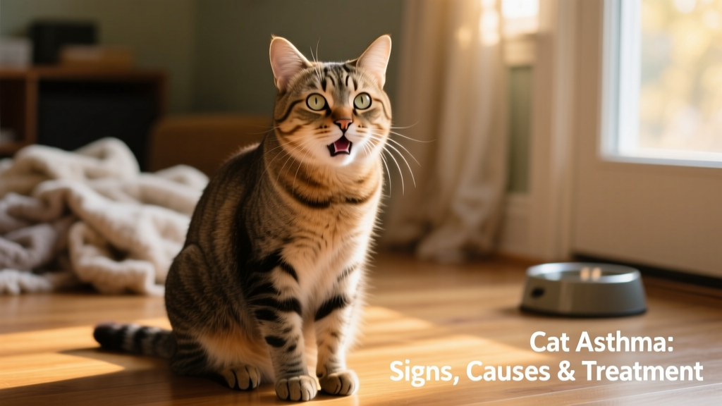 Cat sitting low with extended neck and slightly open mouth, showing signs of respiratory distress