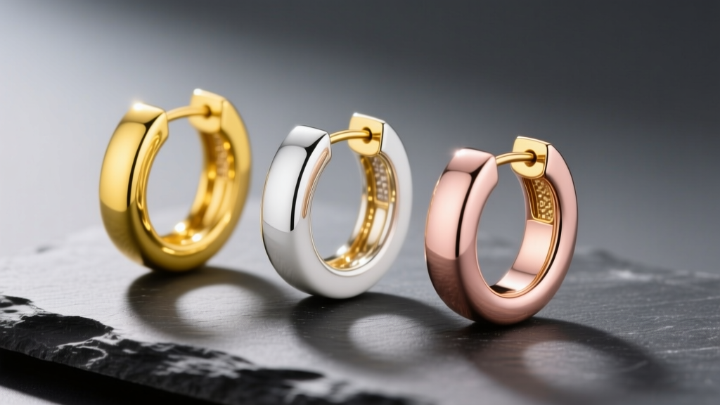 Macro shot of 14k yellow, white, and rose gold ladies hoop earrings resting on dark slate with soft directional lighting.