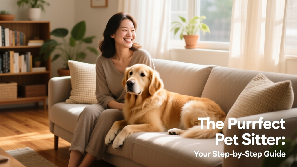 A woman smiling while sitting beside her gentle golden retriever on a living room sofa
