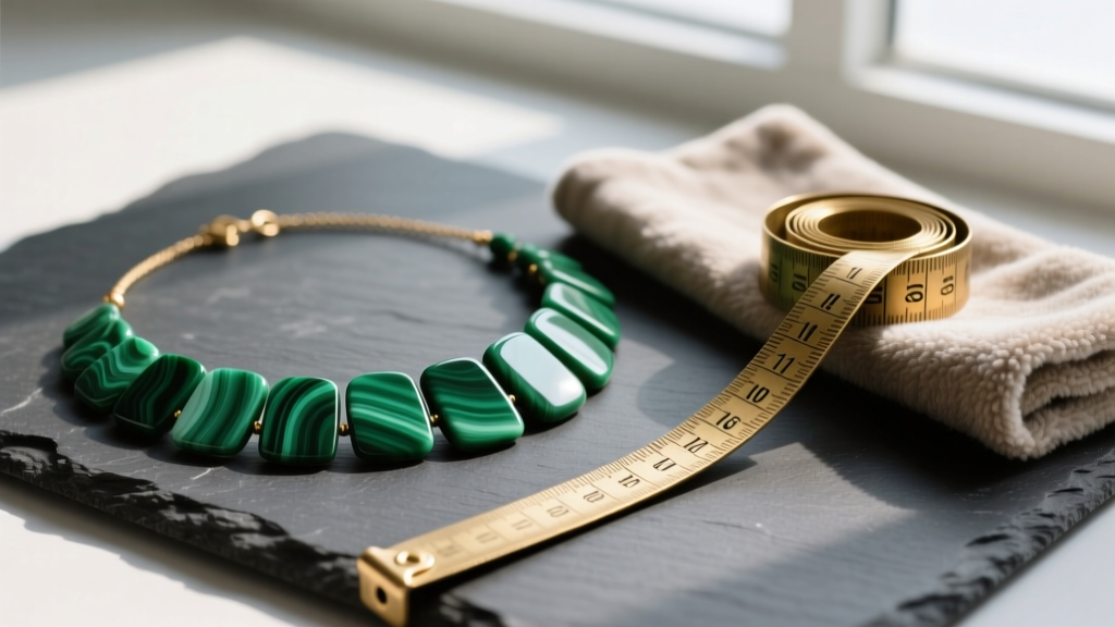 Flat lay of a malachite chip necklace, brass measuring tape, and soft microfiber cloth on dark slate showing jewelry care tools.