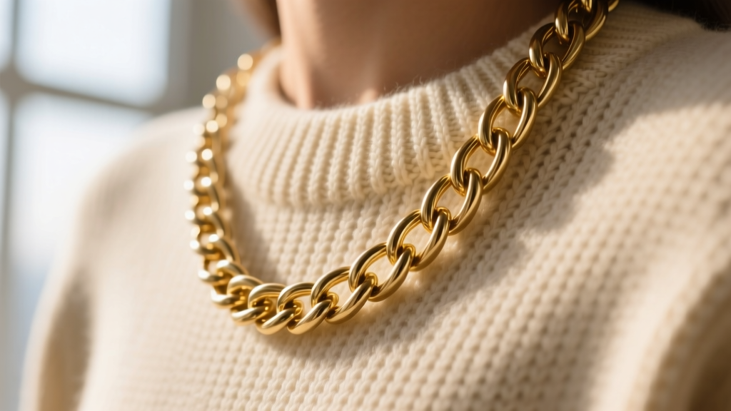 Macro shot of a gold rope chain over a knit sweater, highlighting the smooth weave texture that prevents delicate fabric snags.