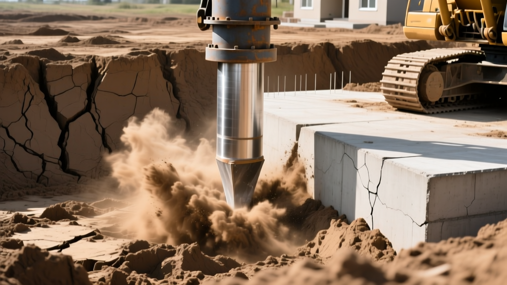 Steel hydraulic pier driven into expansive clay soil next to a residential concrete slab foundation during structural stabilization