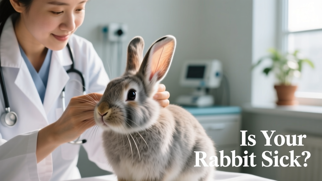 Close-up of a veterinarian gently examining a rabbit's ears during a routine checkup