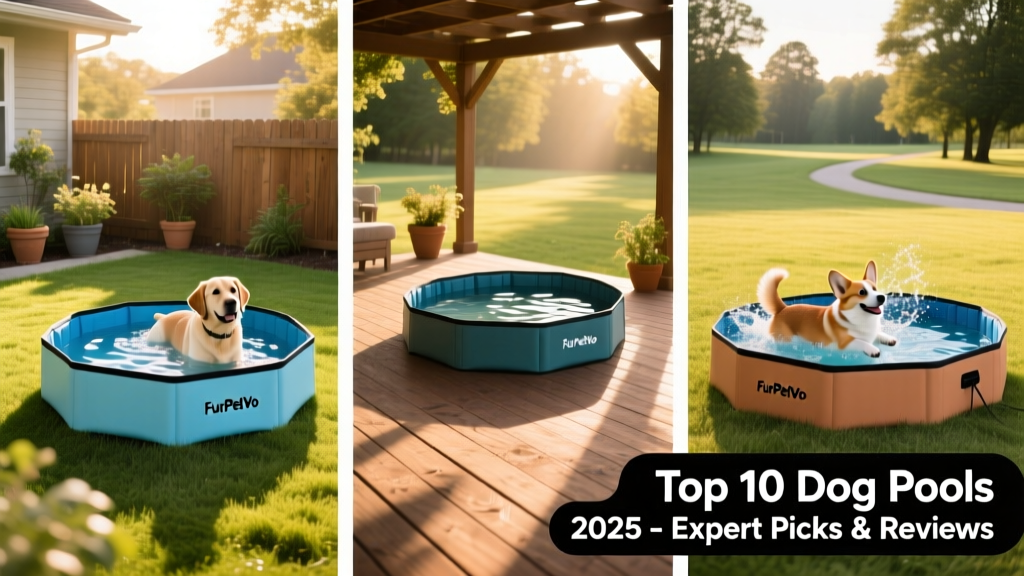 Three different FurPetVo dog pools set up in varied outdoor settings: backyard lawn, shaded deck, and grassy park