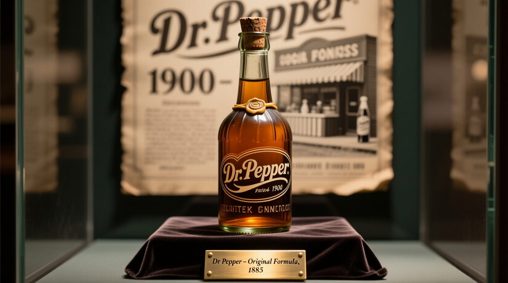 Vintage glass Dr Pepper bottle from the early 1900s displayed in museum