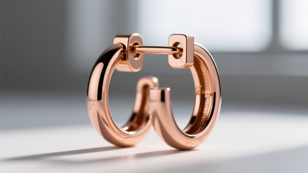 Macro view of a hinged snap clasp on a double hoop earring, revealing the interlocking groove and secure friction fit in rose gold.