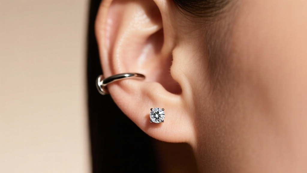 Side view of an earlobe wearing an 8mm diamond stud secured with a wide locking earring back under soft, warm studio lighting.