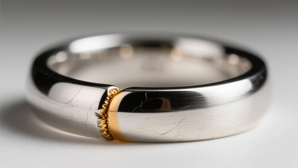 Close-up of a repaired sterling silver ring shank, showing the color shift between the 925 silver and the soldered metal seam.