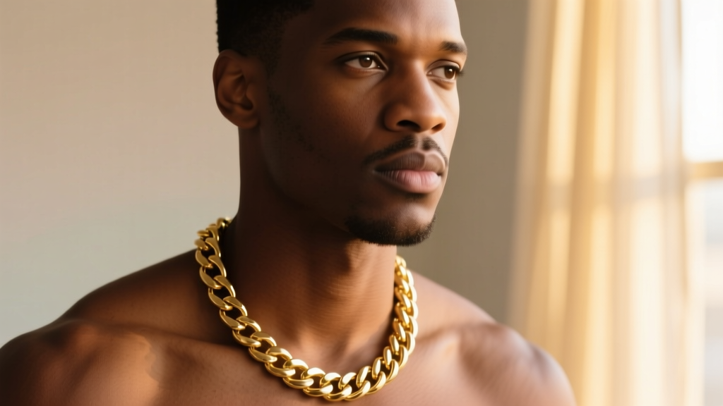 Close-up of a man wearing a 20-inch 14k gold Cuban chain on his collarbone, shot in soft window light with a blurred background