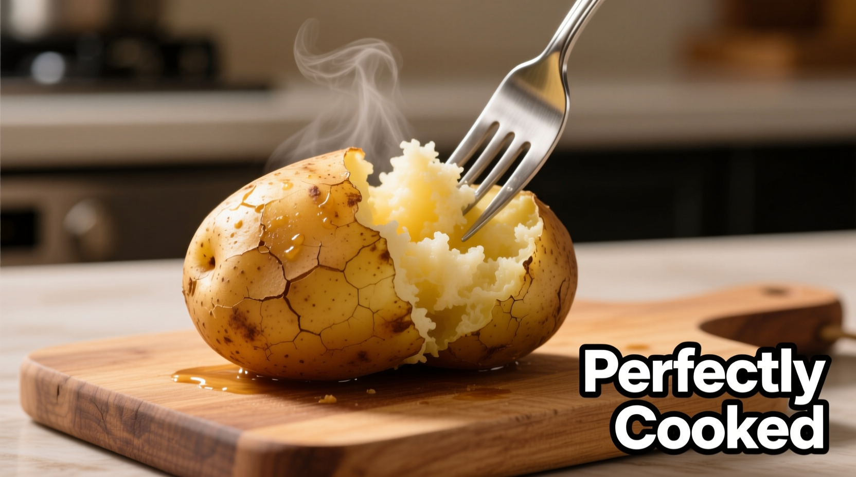 Perfectly cooked fluffy microwave potato with fork
