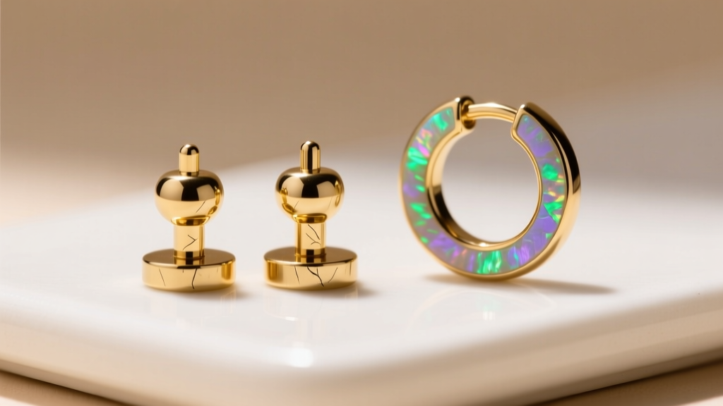 Close-up of a curated ear piercing setup with 14k gold threadless labrets and an opal huggie hoop against soft studio lighting