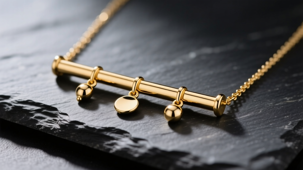 Close-up of a 14k gold charm bar necklace on dark slate, showing a horizontal bar with three small dangling charms.
