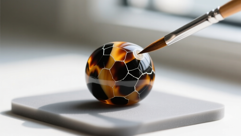 Macro shot of a cracked tortoiseshell bead stabilized with a fine brush and clear conservation adhesive on a gray silicone mat.
