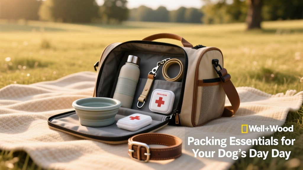 A well-organized dog travel bag with collapsible bowl, water bottle, leash, and first aid supplies laid out on a picnic blanket