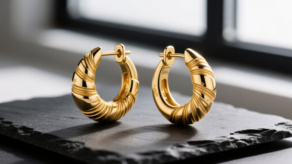 Macro shot of 14k yellow gold croissant hoops on dark slate, highlighting chunky ribbed texture and hinged clasps.