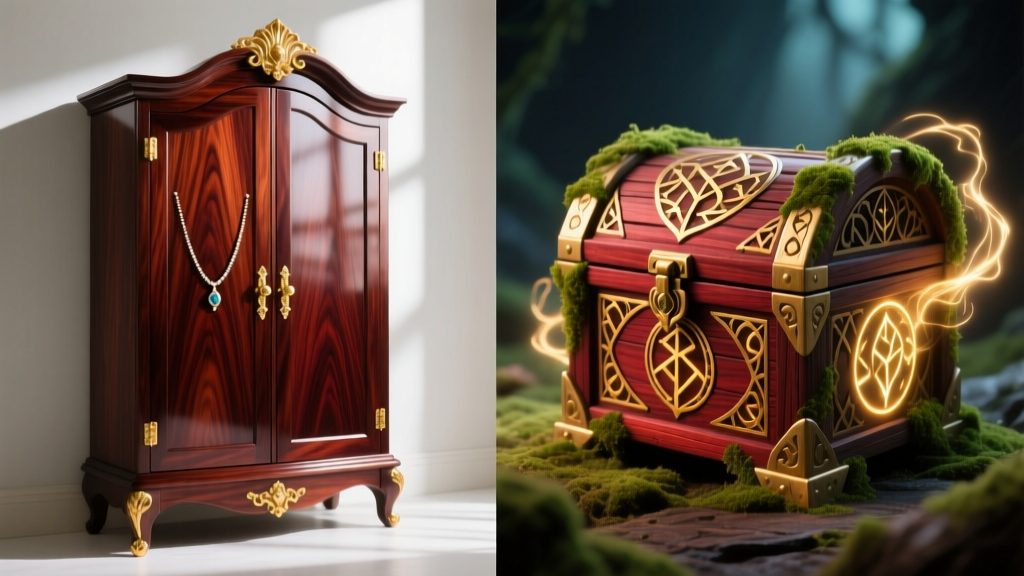 Split screen comparing a real-world luxury mahogany jewelry armoire with gold hardware to a fantasy game wooden storage box