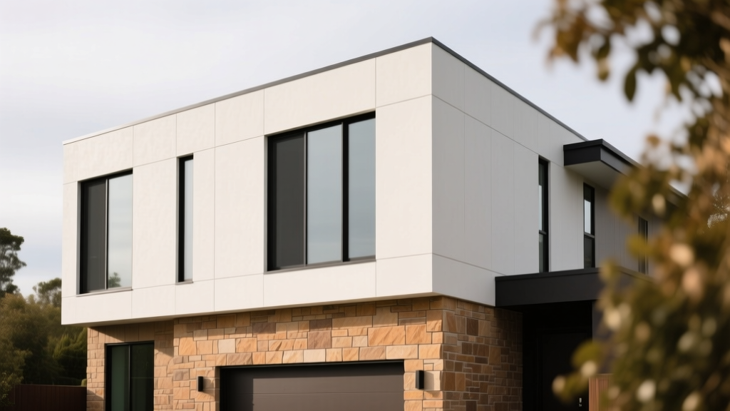 Modern house exterior showcasing warm stone veneer wainscoting below white fiber cement siding alongside dark architectural windows.