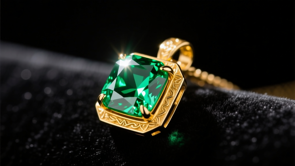 Vibrant 2-carat Colombian emerald pendant in 18k yellow gold resting on dark velvet under warm, focused jewelry store lighting.