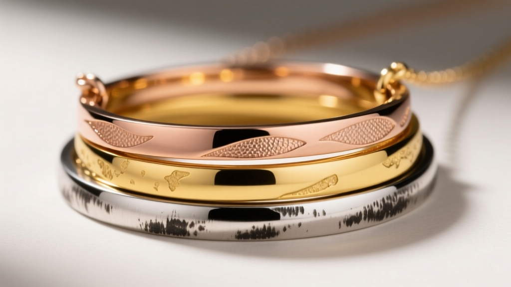 Macro photography of three stacked bar necklaces in rose gold, yellow gold vermeil, and oxidized silver, showing metal textures