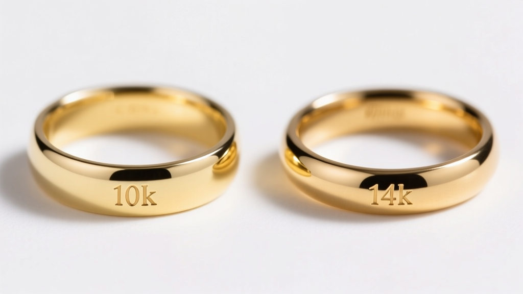 Side-by-side macro comparison of a 10k gold filled ring and a 14k gold filled ring, highlighting the slightly cooler, paler yellow tone of the 10k piece.