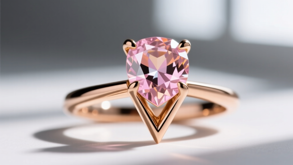 Macro photography of a 14k rose gold V-prong setting securely holding the sharp corner of an emerald-cut morganite gemstone.