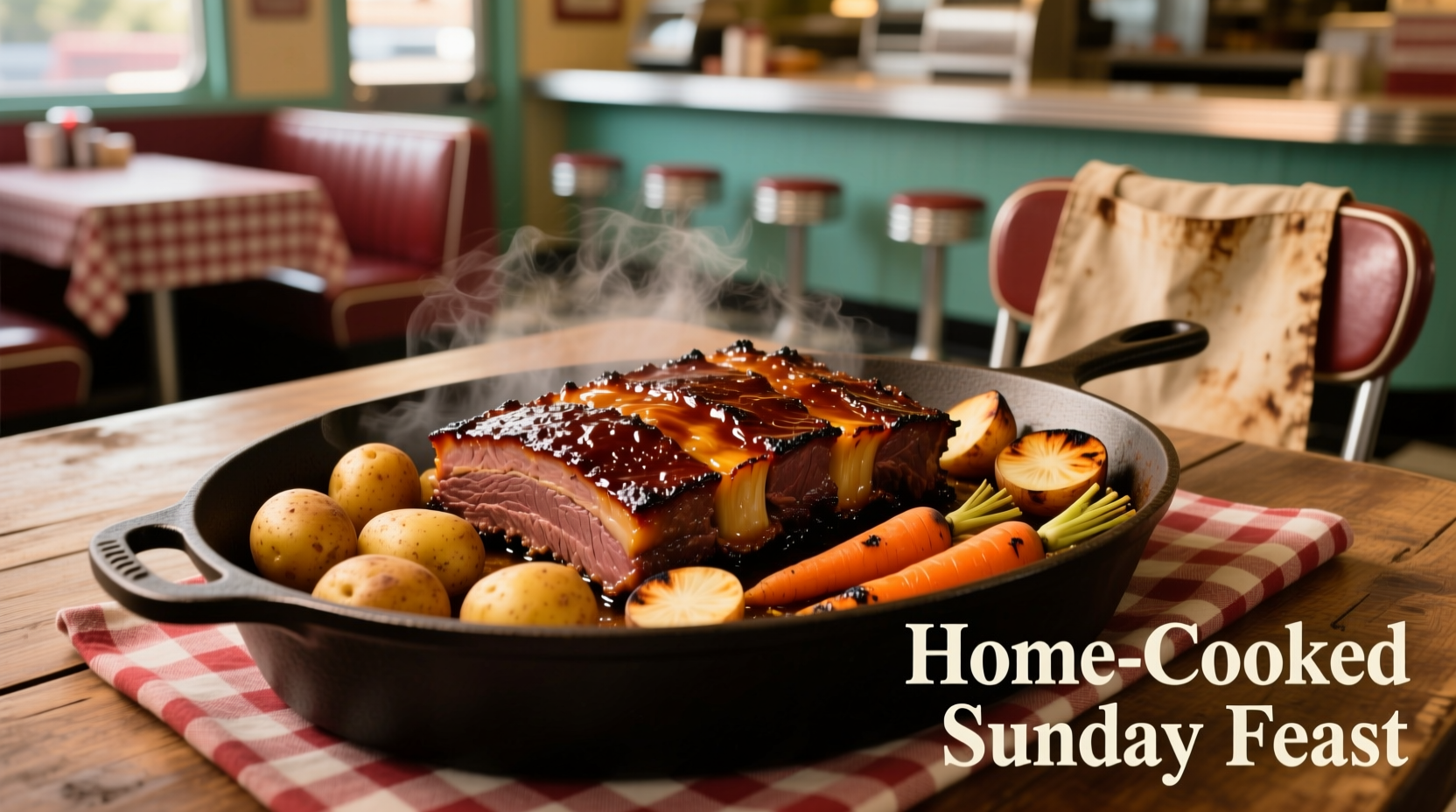 Corned beef brisket in roasting pan with vegetables