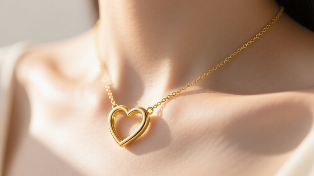 Close-up of a 14k yellow gold open heart necklace resting on a collarbone, soft sunlight highlighting the polished metal edges.