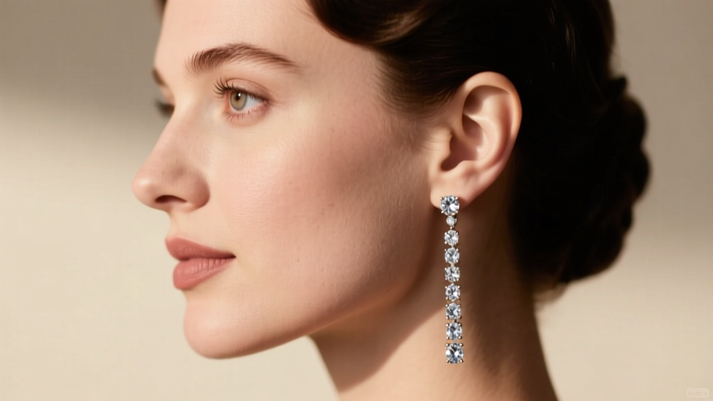 Side profile of a woman wearing Edwardian diamond drop earrings, showing how the elongated design flatters a round face shape.