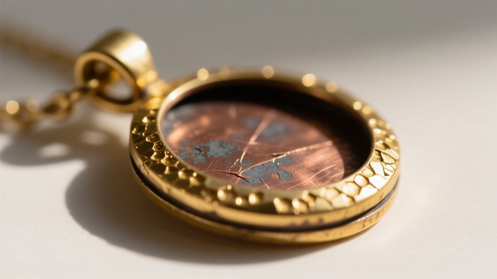 Close up of a tarnished gold plated pendant showing microscopic flaking and exposed dark copper base metal near the clasp edge.
