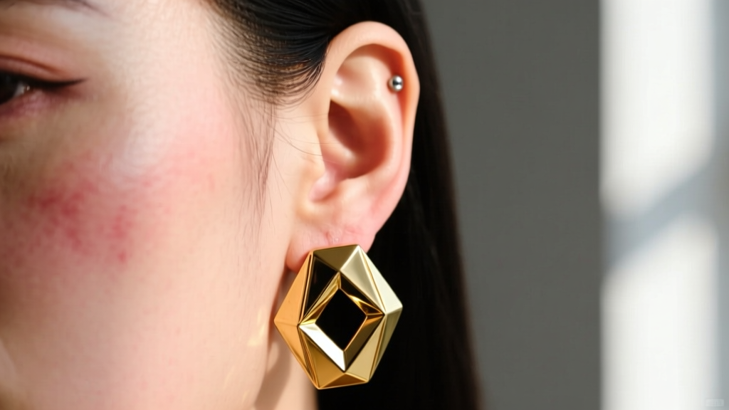 Close up of an irritated earlobe wearing a heavy gold statement earring, showing mild redness and swelling around the piercing site.