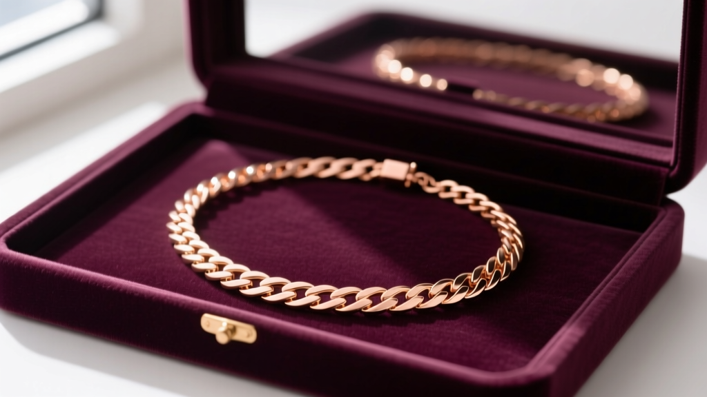 18k rose gold herringbone necklace stored in a velvet jewelry box, laid perfectly flat without any overlapping links or twists