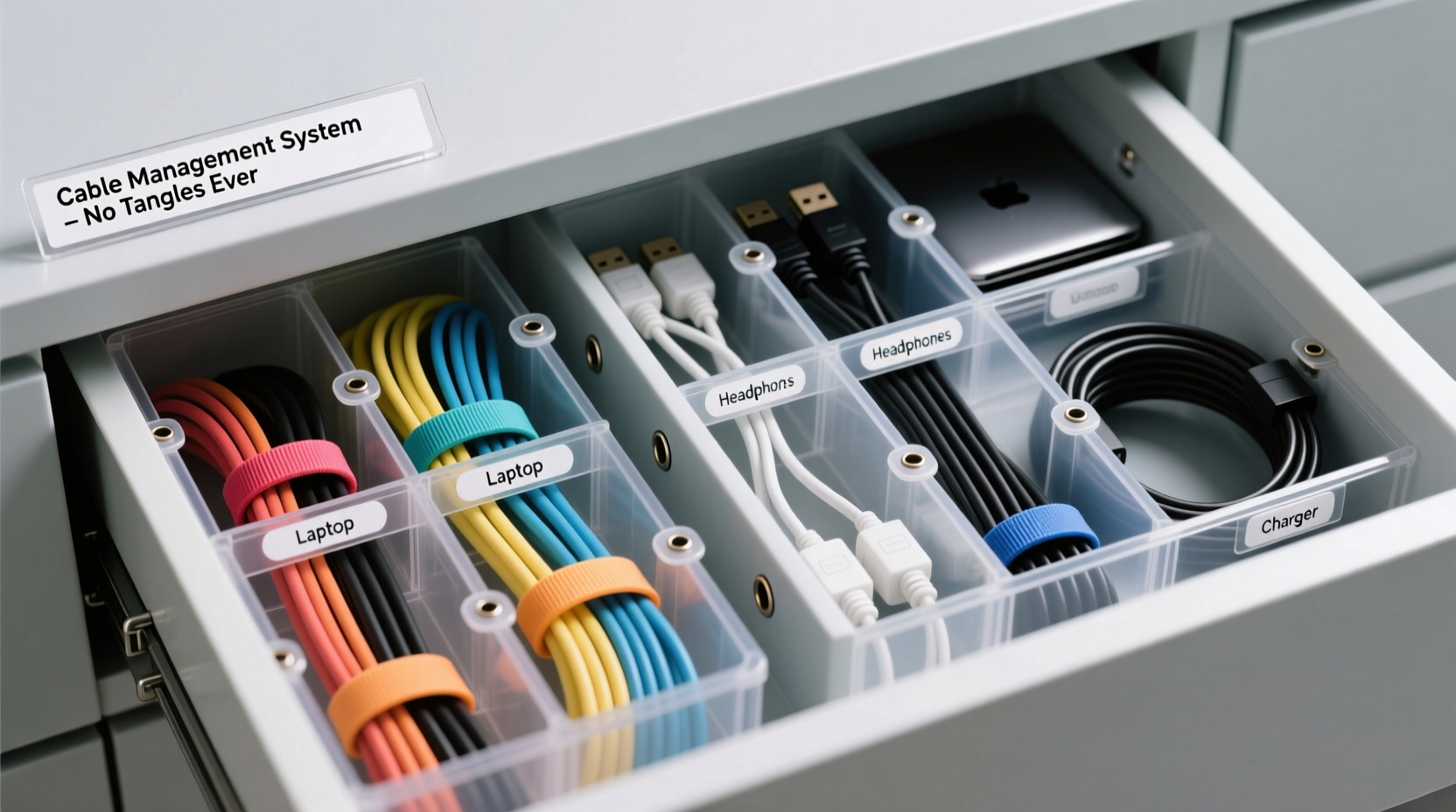 how to organize cables in a drawer so nothing gets tangled ever again