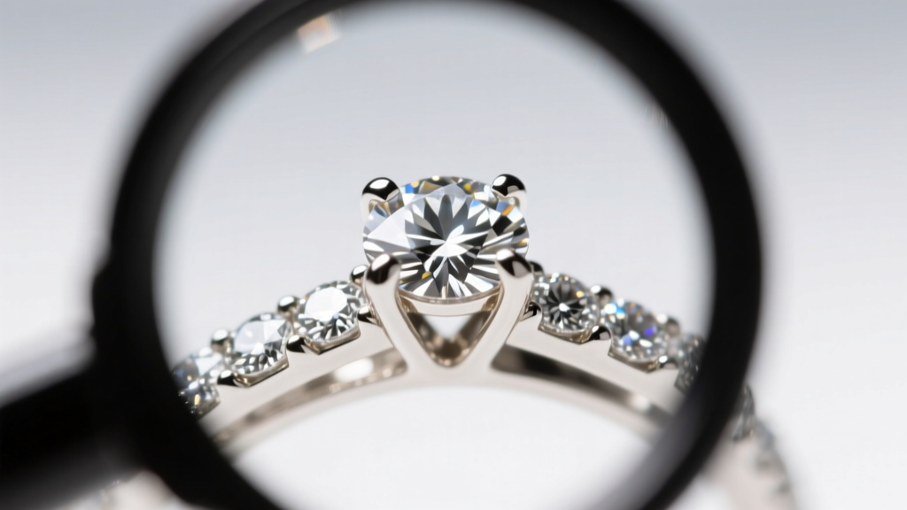 Jeweler loupe close-up showing 1mm micro-prongs securing round brilliant melee diamonds in an 18k white gold diamond pave setting