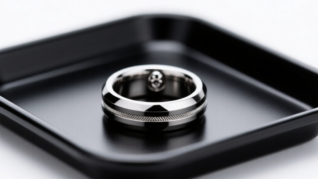 Close-up of an 8-gauge titanium captive bead ring resting on a sterile black medical tray under bright, clean clinical lighting.