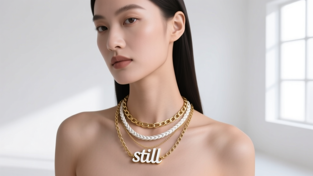 A model wearing a layered white gold letter necklace setup with a 16-inch paperclip chain and an 18-inch rope chain on silk.