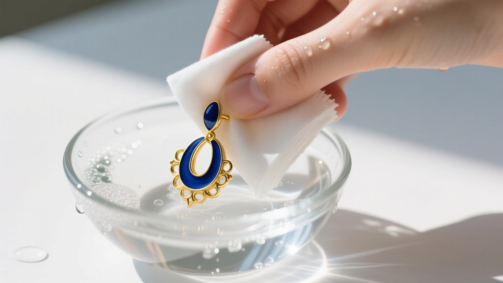 Hands gently wiping a blue enamel and gold fashion earring with a damp microfiber cloth over a small glass bowl of soapy water