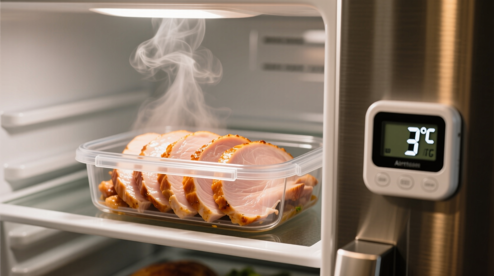 Cooked turkey slices in airtight container with refrigerator thermometer