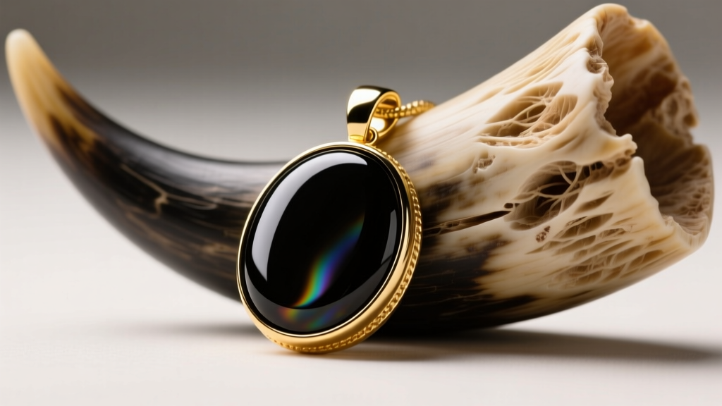 Macro of a polished black onyx Tom Ford pendant next to carved horn, showing natural textures and thick gold-plated bezels.