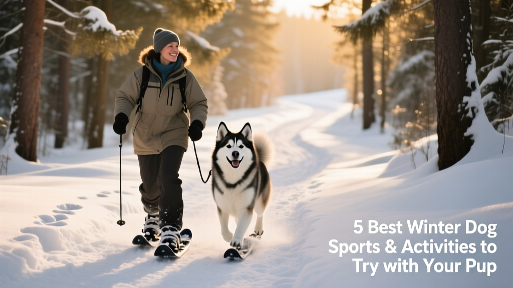 A person and dog snowshoeing side-by-side on a forest trail with fresh snow
