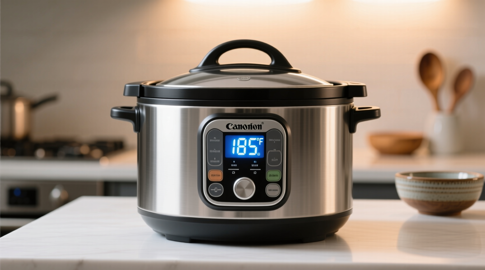 Slow cooker showing internal temperature reading