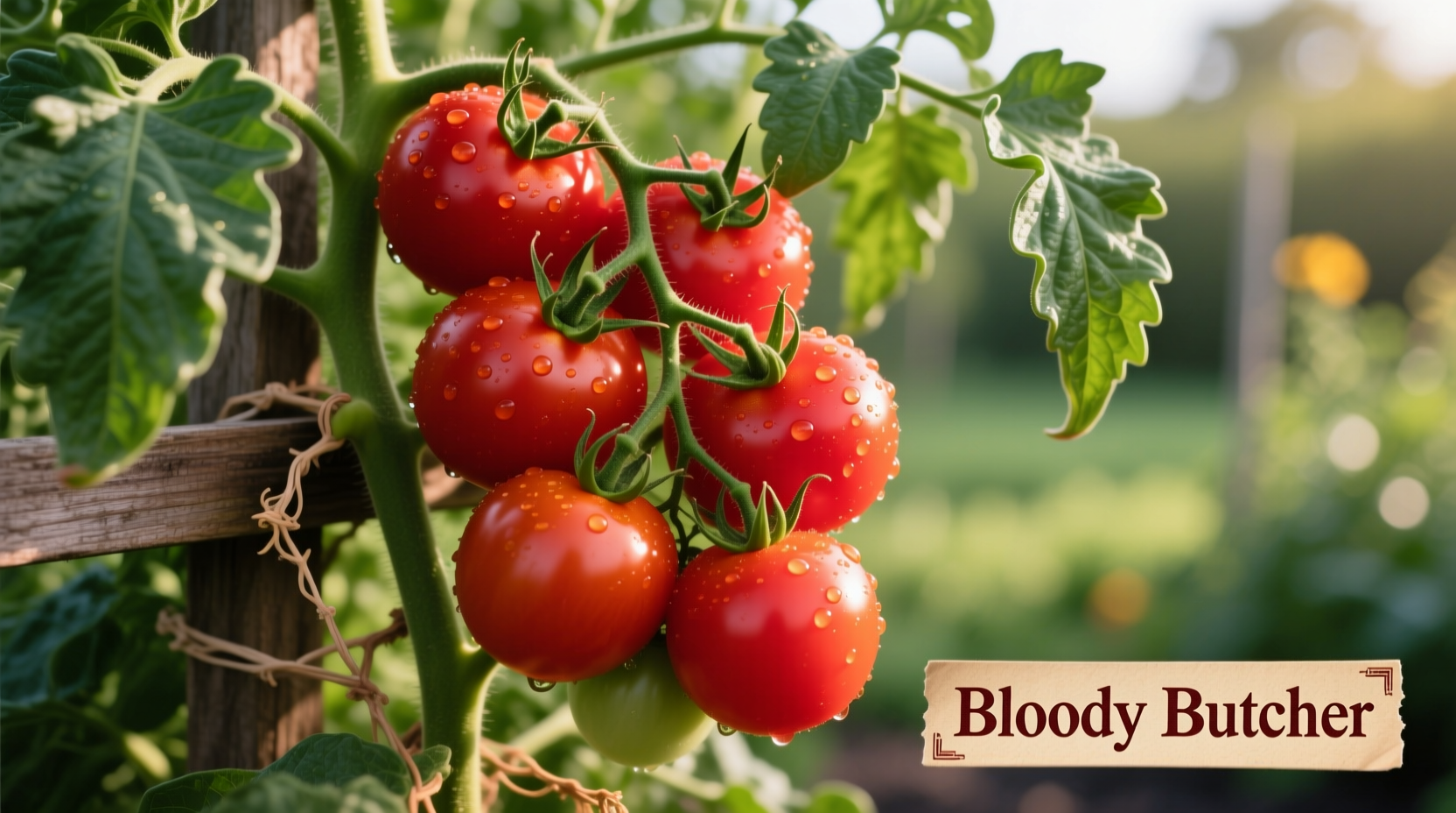 Ripe Bloody Butcher tomatoes on vine with green leaves