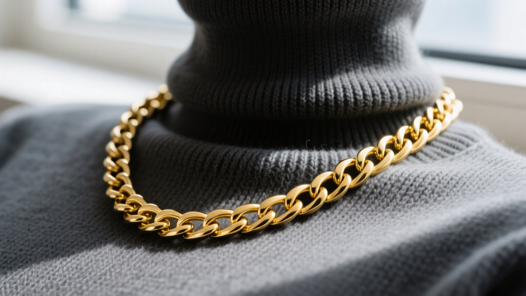 Macro photography of a 2.5mm thick 18k yellow gold Cuban link chain resting against a heavy charcoal grey wool turtleneck sweater