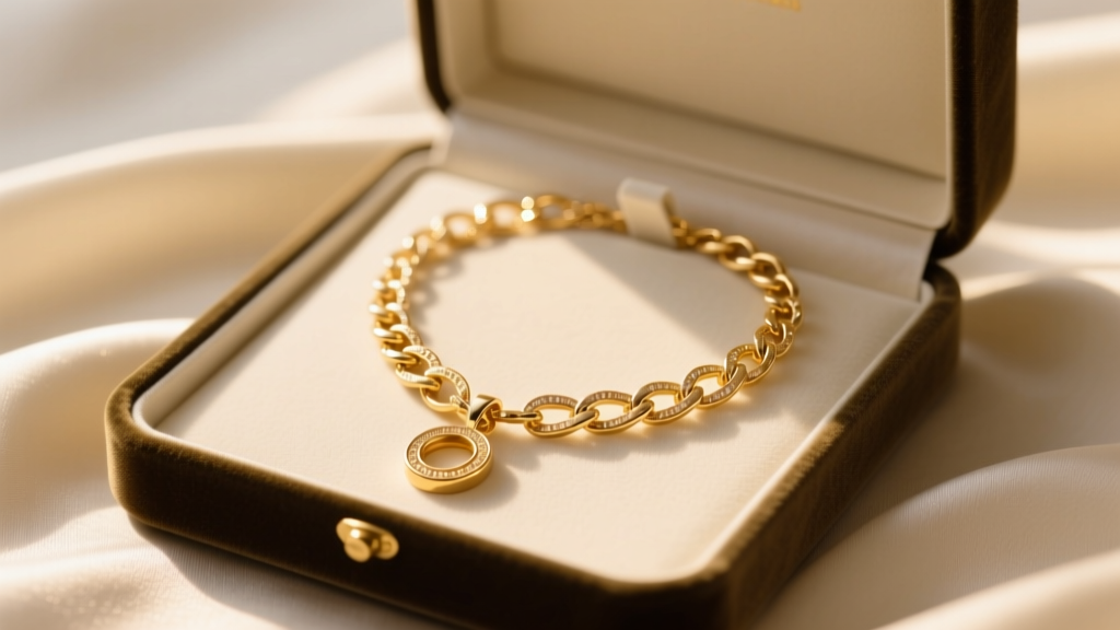 Open velvet box holding an 18-inch 14k gold pendant necklace on cream silk, warm lighting highlighting the delicate chain.