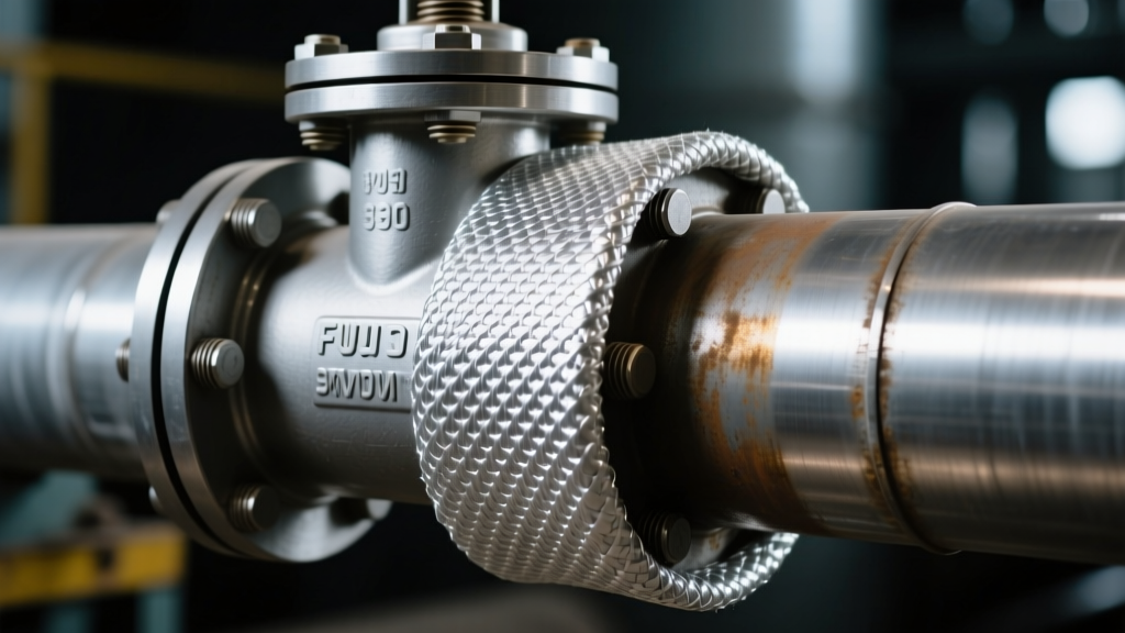 Close-up of heavy-duty silver silicone-coated fiberglass insulating fabric material being fitted over an industrial steel steam pipe valve