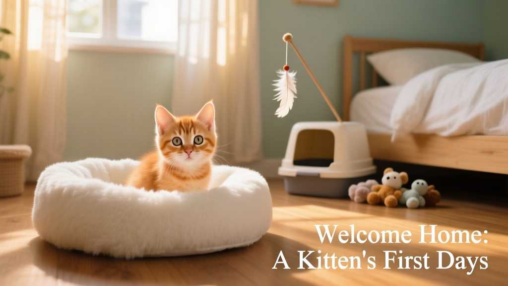 A curious kitten peeking out from a cozy, quiet room with a soft bed, litter box, and toys nearby