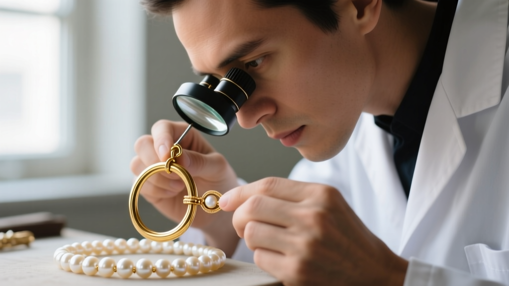 Jeweler using a loupe to inspect the soldered seam of an 18-gauge gold jump ring attached to a vintage pearl necklace clasp