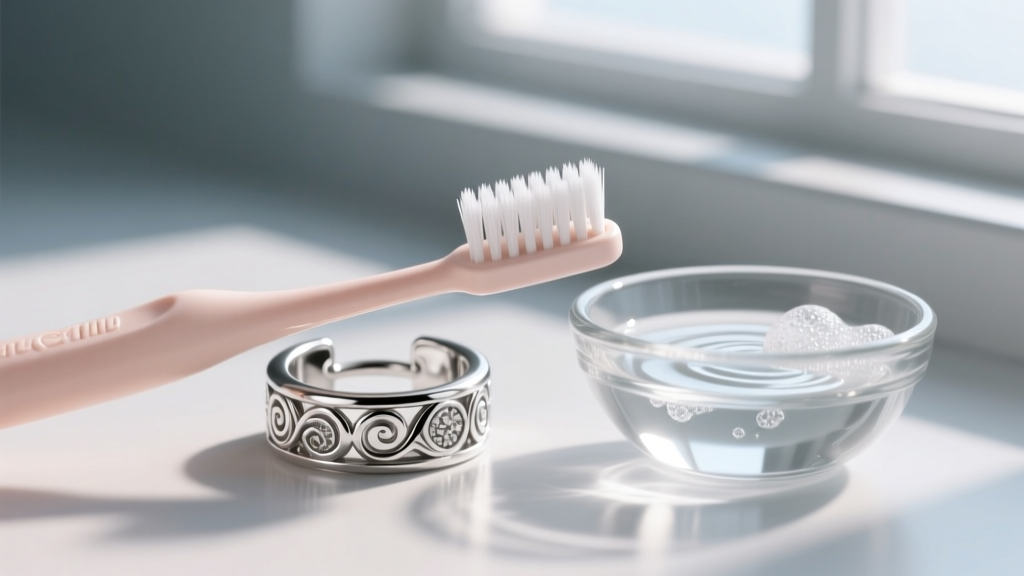 Soft baby toothbrush gently scrubbing a detailed silver ear cuff next to a small bowl of mild soapy distilled water.