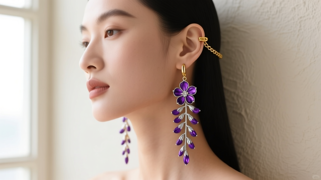 Model wearing long wisteria dangle earrings supported by a gold ear cuff chain to distribute weight away from the pierced earlobe