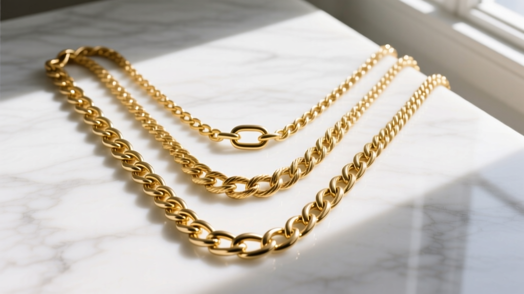 Top-down flat lay of three gold chains, including figaro, cable, and rope links, cascading in a V-shape on white marble.