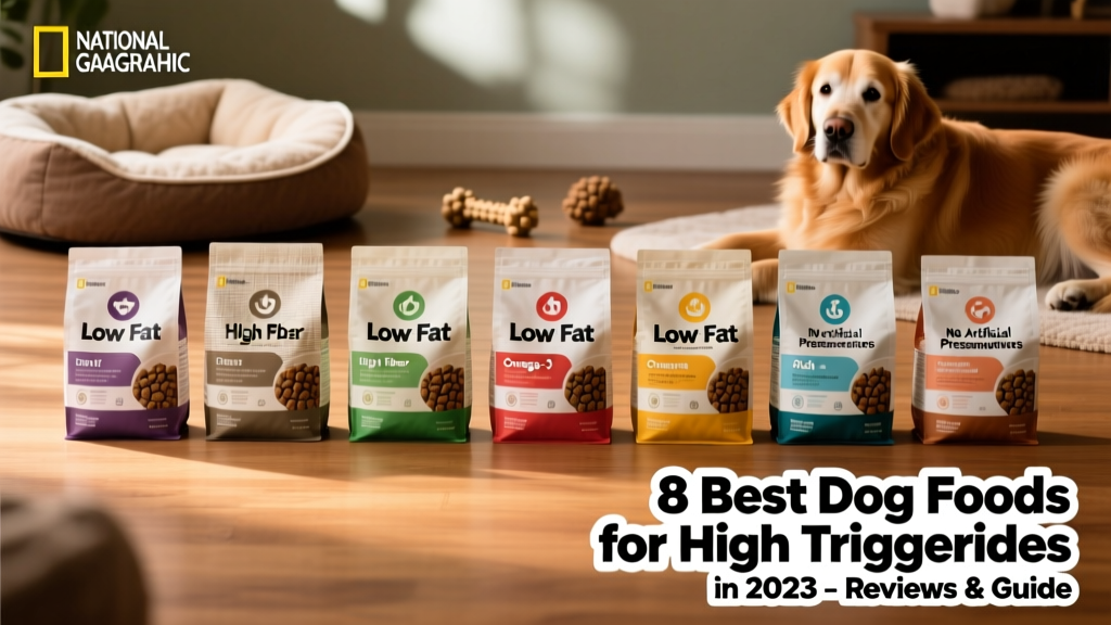 Side-by-side comparison of eight low-fat kibble bags labeled with key nutritional highlights